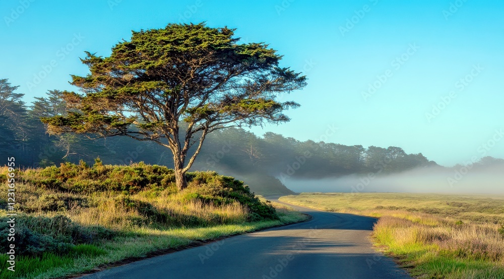 Serene Roadside Scene with Lone Tree under Clear Blue Sky in Quiet Countryside at Dawn with Misty Background and Lush Green Grass Serene Roadside Scene with Lone Tree under Clear Blue Sky in Quiet Countryside at Dawn with Misty Background and Lush Green Grass