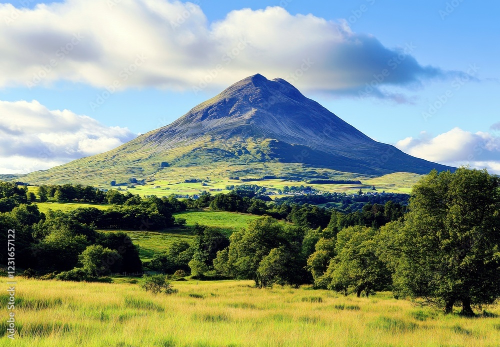 Breathtaking Mountain Landscape with Lush Green Fields and Scenic Cloudy Sky in Sunny Daylight, Perfect for Nature Enthusiasts and Travel Inspiration Breathtaking Mountain Landscape with Lush Green Fields and Scenic Cloudy Sky in Sunny Daylight, Perfect for Nature Enthusiasts and Travel Inspiration