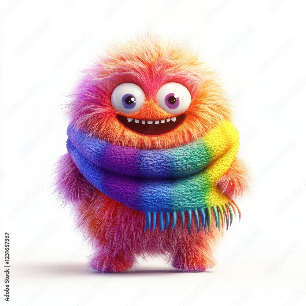 Cute fluffy monster with a rainbow scarf and cheerful face, placed on a bright white background Cute fluffy monster with a rainbow scarf and cheerful face, placed on a bright white background