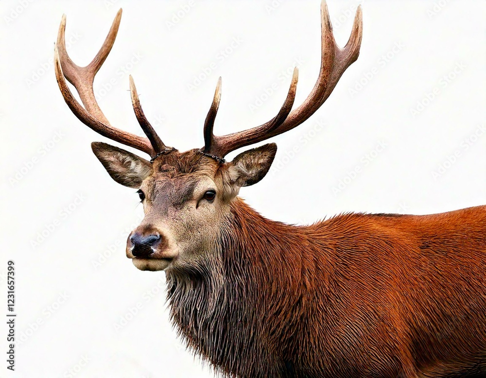 Naklejka premium Red deer stag in front of a white background, remasterized