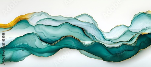 Abstract Fluid Art Flowing Aqua and Chartreuse with Delicate Gilded Highlights on White Background