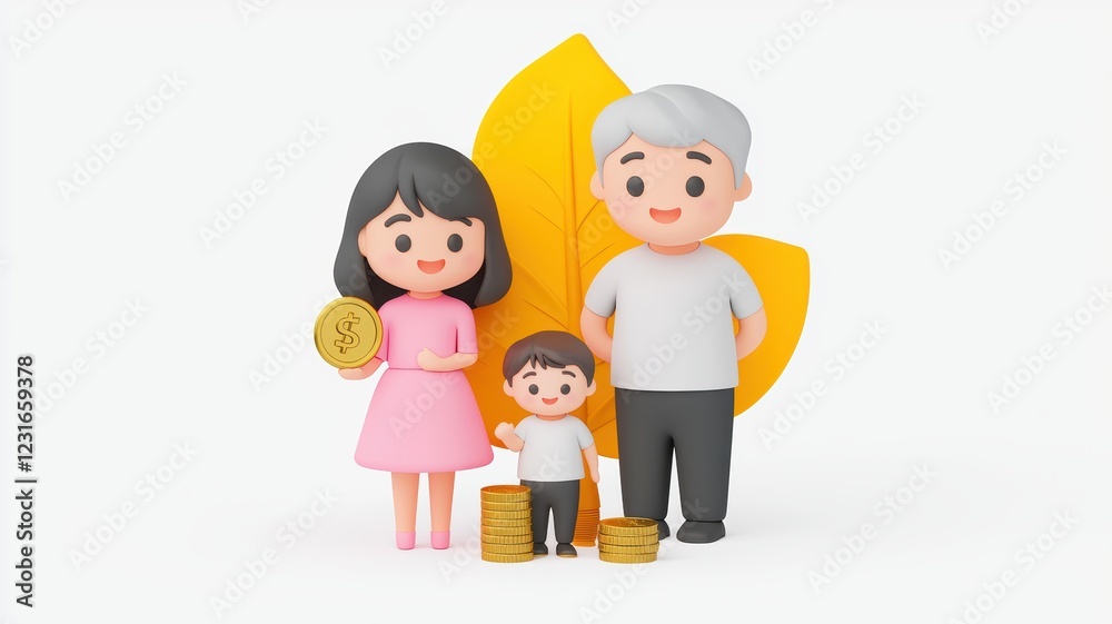 A cheerful family consisting of a parent, grandparent, and child, holding coins with a decorative leaf in the background. A cheerful family consisting of a parent, grandparent, and child, holding coins with a decorative leaf in the background.