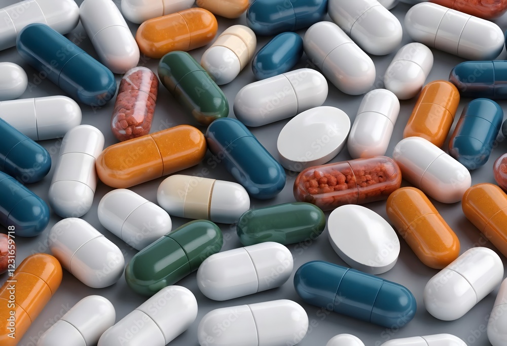 A varied collection of colorful capsules and tablets symbolizing the opioid crisis and medication overuse. A varied collection of colorful capsules and tablets symbolizing the opioid crisis and medication overuse.