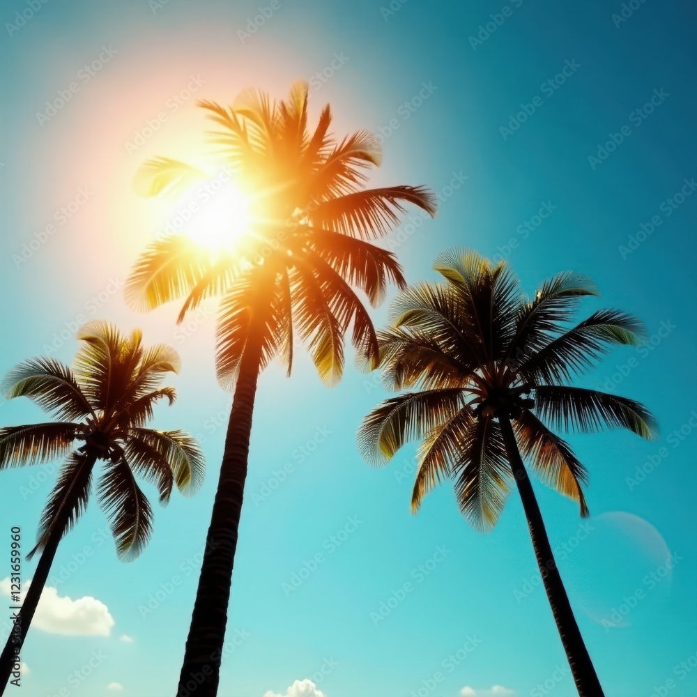 Fototapeta premium Tall coconut palms silhouette against a blazing sun and azure sky , beach, sun