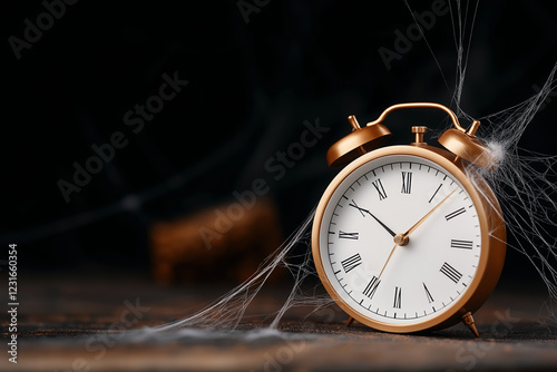 Old clock in cobwebs on dark background with space for text