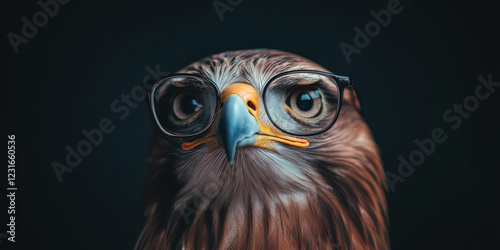 Majestic Hawk Wearing Glasses Against a Dark Background, Conveying Wisdom and Intelligence