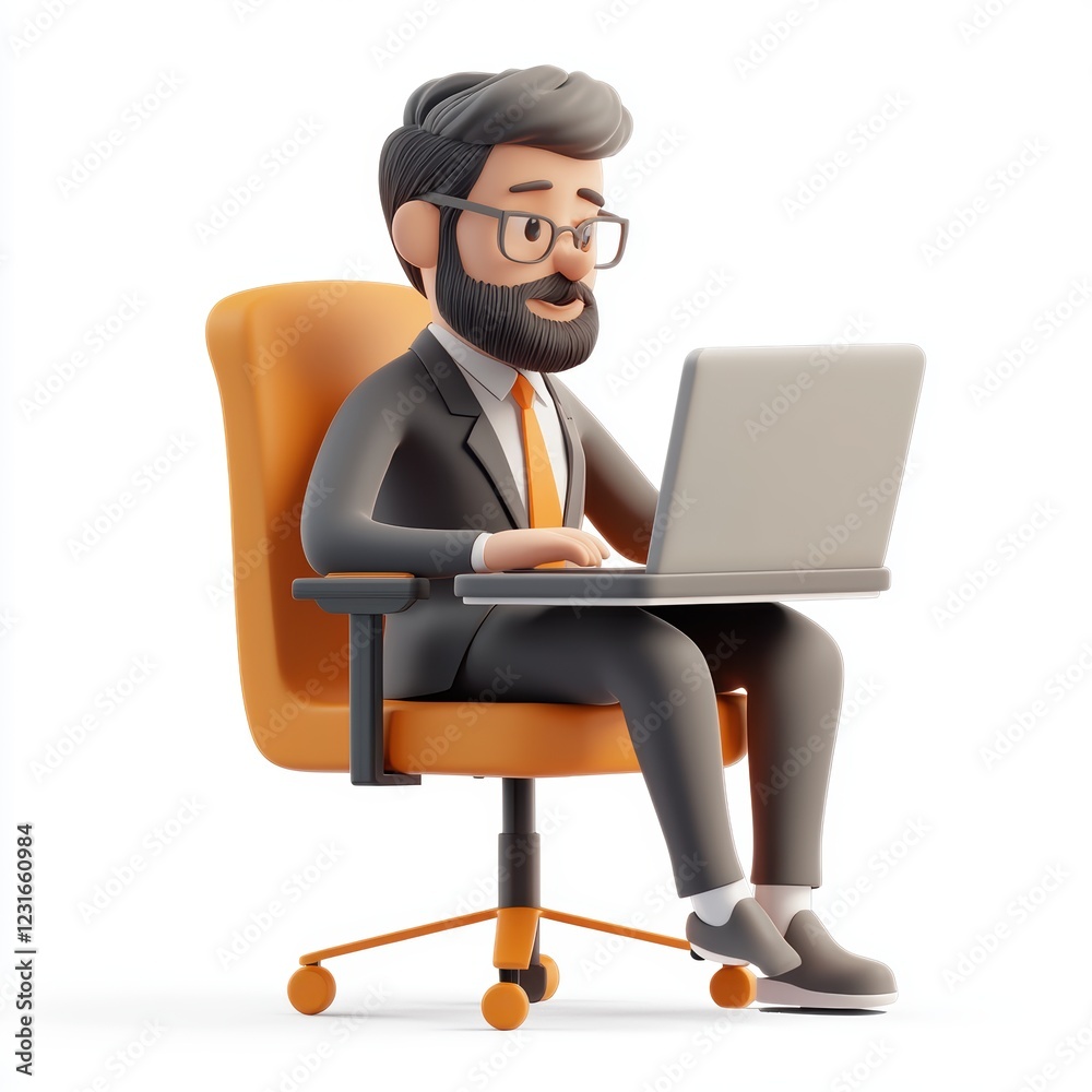Entrepreneur working on a laptop in a modern office, centered on a clean white background Entrepreneur working on a laptop in a modern office, centered on a clean white background