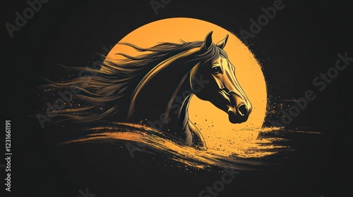 A creative horse head logo illustration in brown tones, designed for equestrian or adventure brands on a dark canvas photo