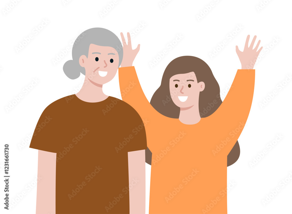 Obraz premium Happy grandmother and grandchild standing together portrait. Family love, communication, positive relationship concept. Flat cartoon people vector design illustration.