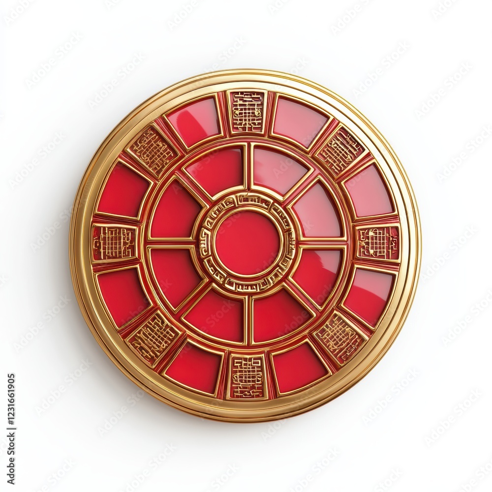 Feng Shui Bagua mirror with intricate red and gold patterns, placed on a bright white background Feng Shui Bagua mirror with intricate red and gold patterns, placed on a bright white background
