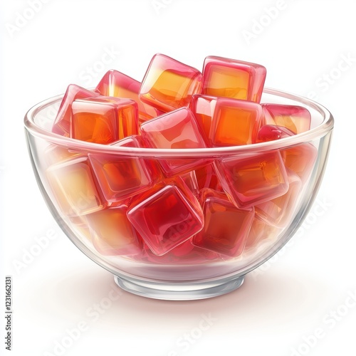 Bowl filled with sugar-coated fruit jelly cubes, isolated on a clean white background photo