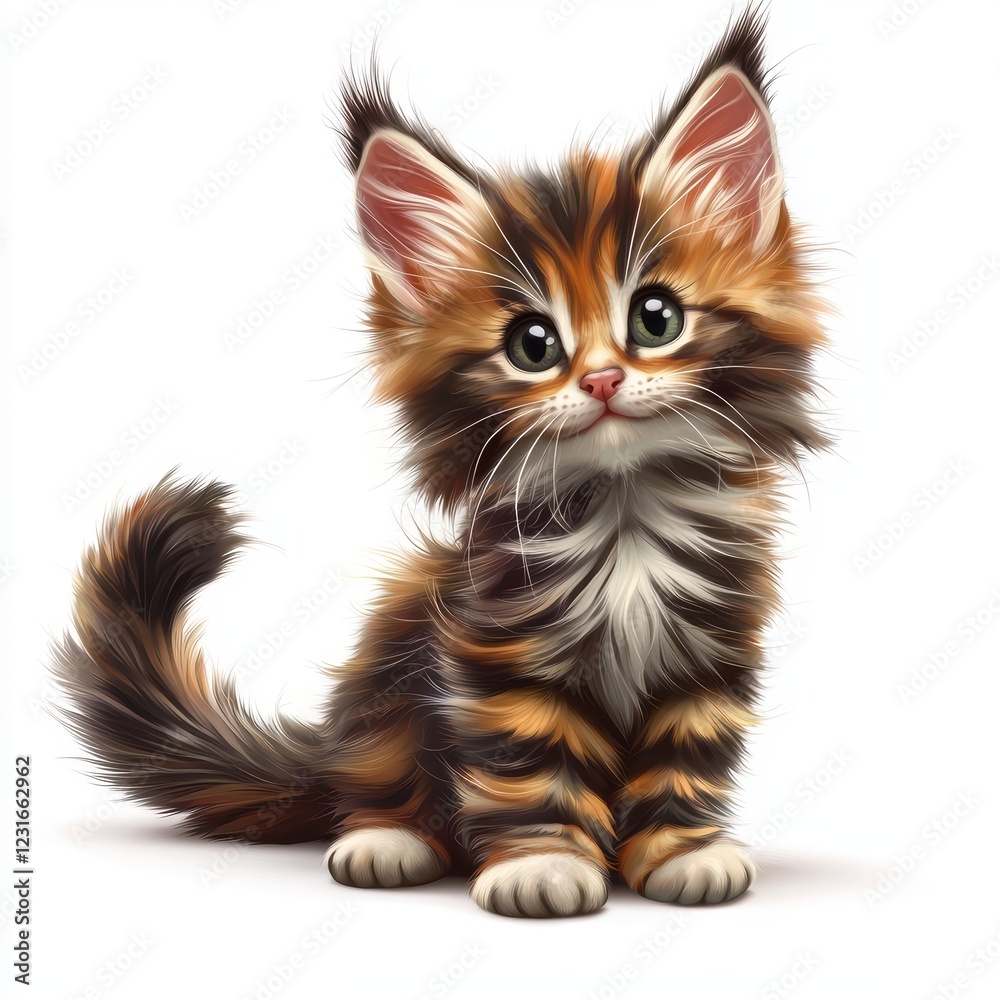 Fluffy Maine Coon kitten with a bushy tail and big ears, isolated on a clean white background
