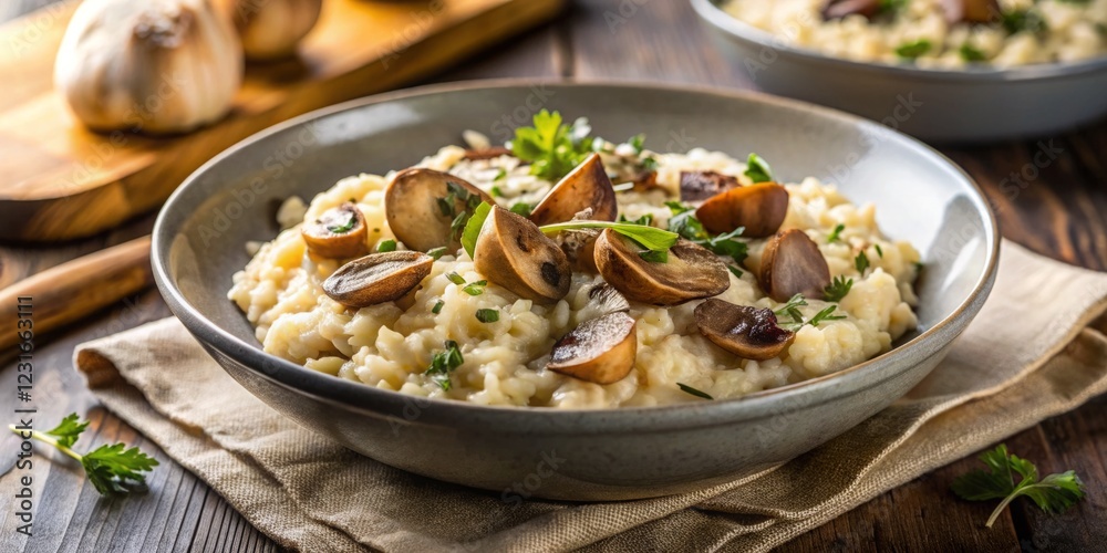 Creamy Mushroom Risotto Served on Table with Fresh Herbs and Garlic Creamy Mushroom Risotto Served on Table with Fresh Herbs and Garlic