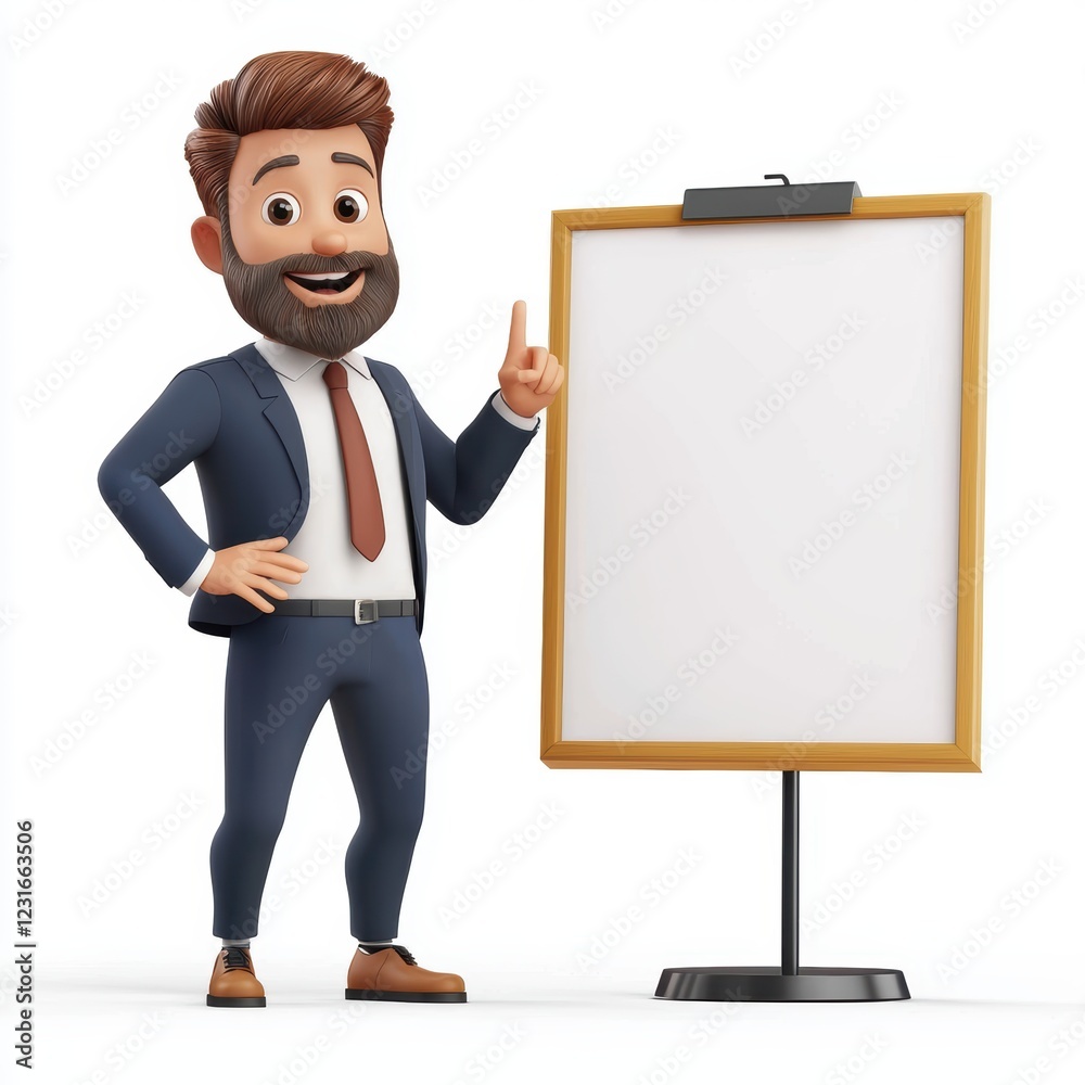 Business coach pointing at a blank presentation board, placed on a bright white background Business coach pointing at a blank presentation board, placed on a bright white background