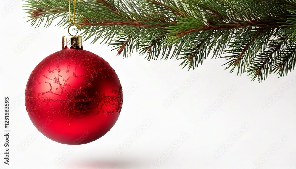 Obraz premium Single Red Christmas glass ball hanging from a pine branch, isolated on