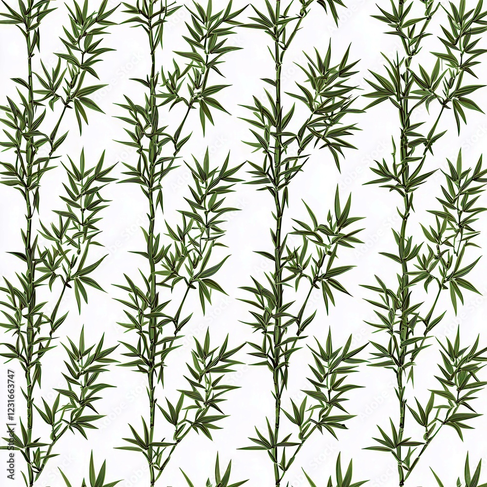Fototapeta premium Elegant Green Bamboo Leaf Pattern on a Clean White Background for Modern and Minimalist Designs, Perfect for Textiles, Wallpaper, and Home Decor
