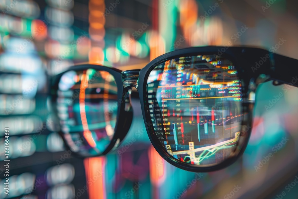 Augmented reality glasses being used to analyze data, Augmented Reality Glasses Displaying Complex Data Analytics in a Modern Office Setting Augmented reality glasses being used to analyze data, Augmented Reality Glasses Displaying Complex Data Analytics in a Modern Office Setting