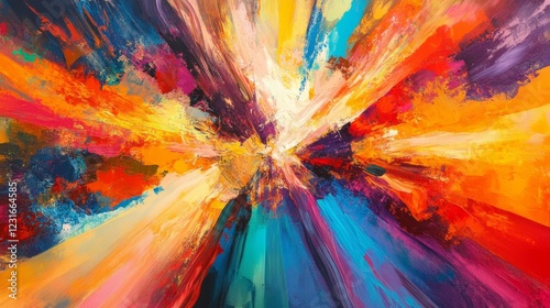 Wallpaper Mural A painting of a colorful explosion with a yellow center. The explosion is made up of many different colors, including red, blue, and green Torontodigital.ca