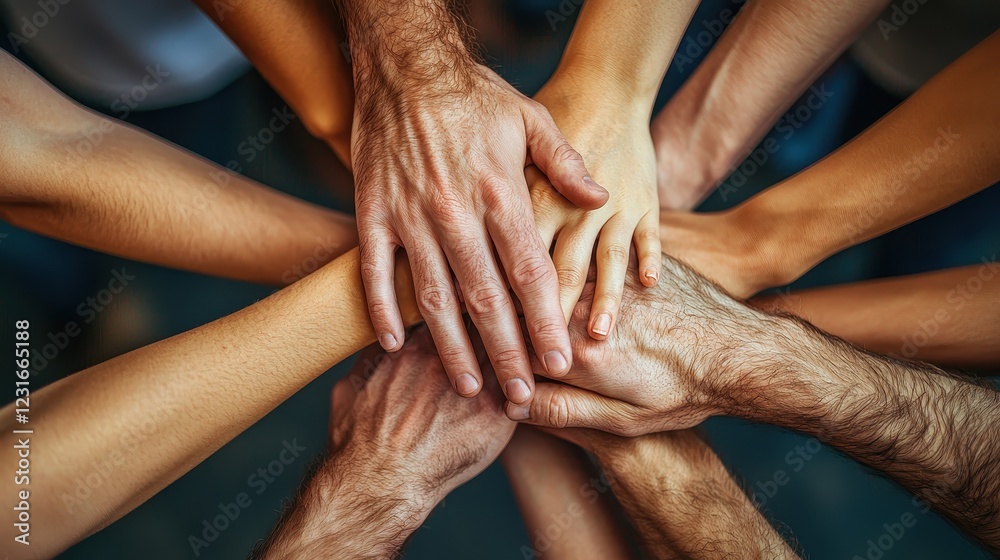 Fototapeta premium Collaboration and unity in action community space group hands together indoor setting overhead view teamwork concept