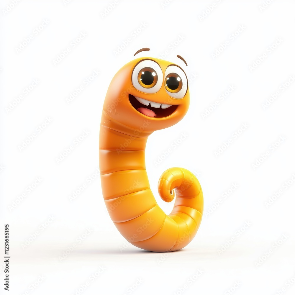 Fototapeta premium Cartoon-style happy worm with big eyes and a cute smile, placed on a bright white background