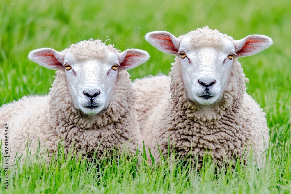 Two Cute Sheep Relaxing Together in Green Grass Field on a Sunny Day, Showcasing Soft Wool and Curious Expressions, Perfect for Nature Photography Two Cute Sheep Relaxing Together in Green Grass Field on a Sunny Day, Showcasing Soft Wool and Curious Expressions, Perfect for Nature Photography