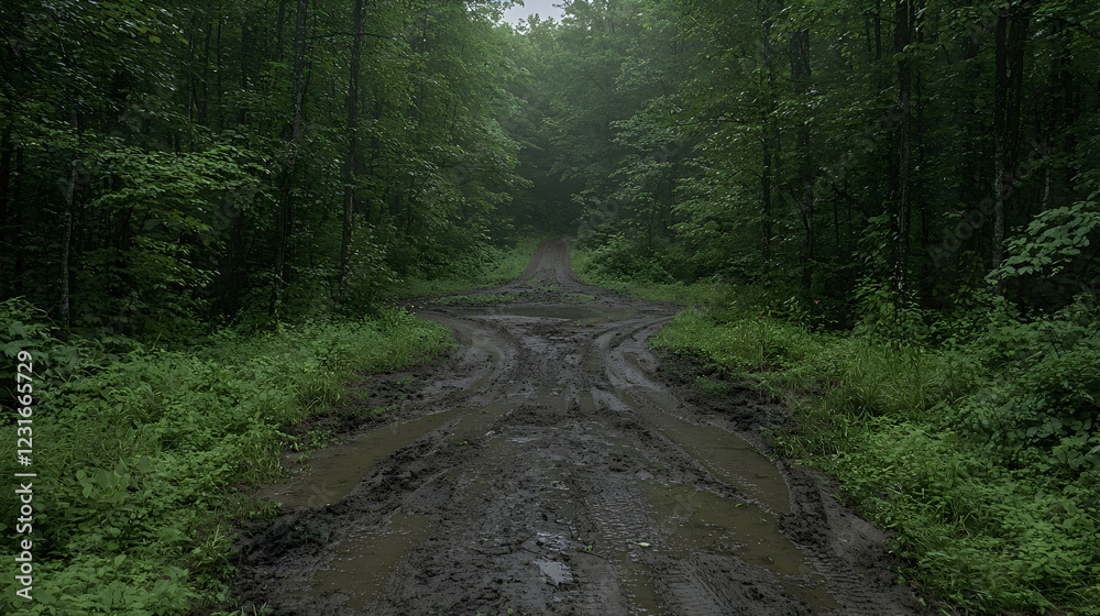Obraz premium Rainy forest road intersection, muddy tracks, lush greenery