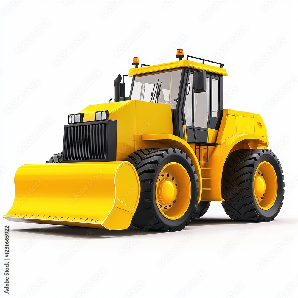 Giant industrial road roller working at a construction site, placed on a bright white background Giant industrial road roller working at a construction site, placed on a bright white background
