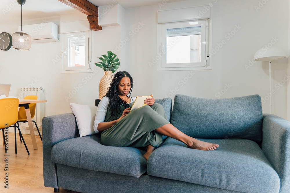 Woman relaxing on sofa reading a book in modern apartment Woman relaxing on sofa reading a book in modern apartment