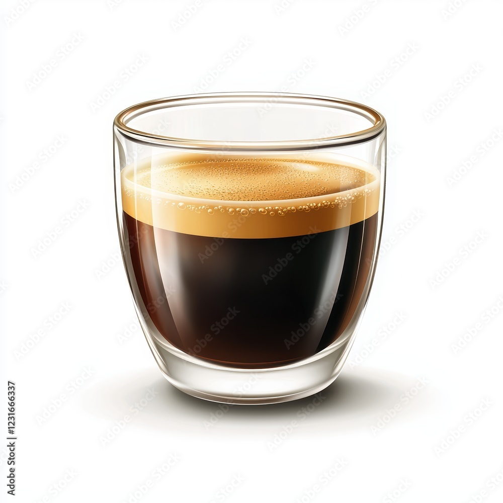 Glass cup of freshly brewed espresso with a rich crema on top, placed on a bright white background Glass cup of freshly brewed espresso with a rich crema on top, placed on a bright white background