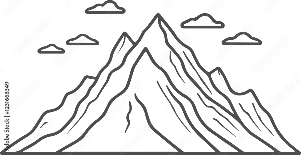Fototapeta premium Line drawing of mountain range landscape. Top view of mounts in simple linear style. Adventure winter sports concept isolated on white background. Doodle vector illustration