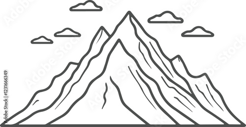 Line drawing of mountain range landscape. Top view of mounts in simple linear style. Adventure winter sports concept isolated on white background. Doodle vector illustration