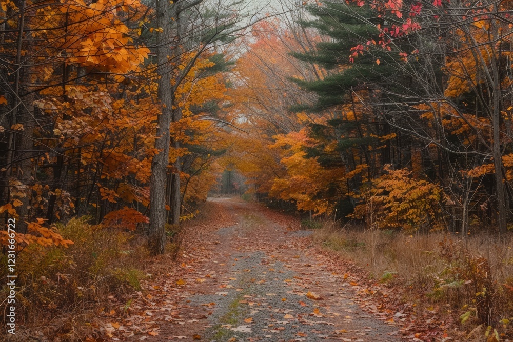 Obraz premium Autumn foliage in a secluded forest pathExplore a Tranquil Forest Path Surrounded by Vibrant Autumn Foliage and Fallen Leaves