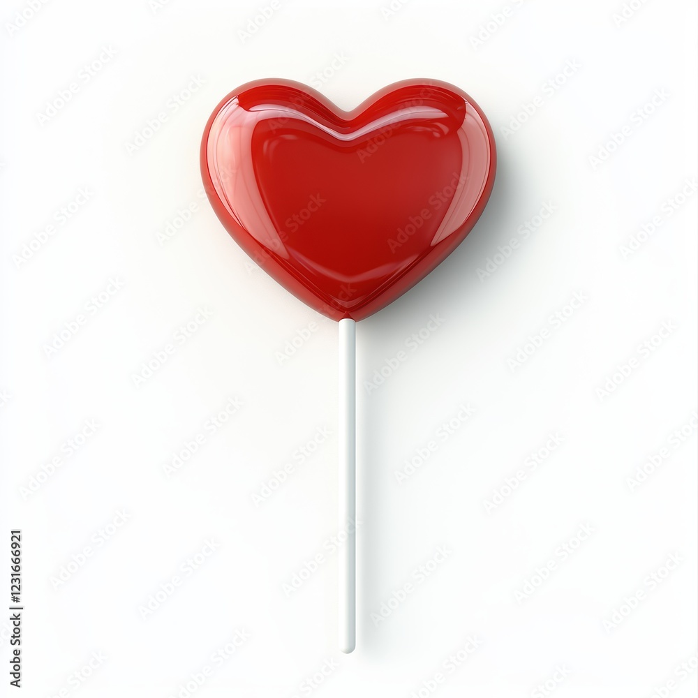 Glossy red heart-shaped lollipop with a white stick, isolated on a clean white background Glossy red heart-shaped lollipop with a white stick, isolated on a clean white background