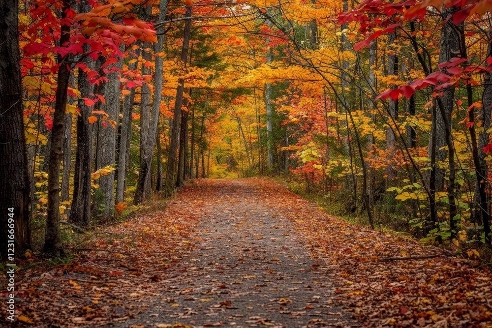 Obraz premium Autumn foliage in a secluded forest pathExplore a Tranquil Forest Path Surrounded by Vibrant Autumn Foliage and Fallen Leaves