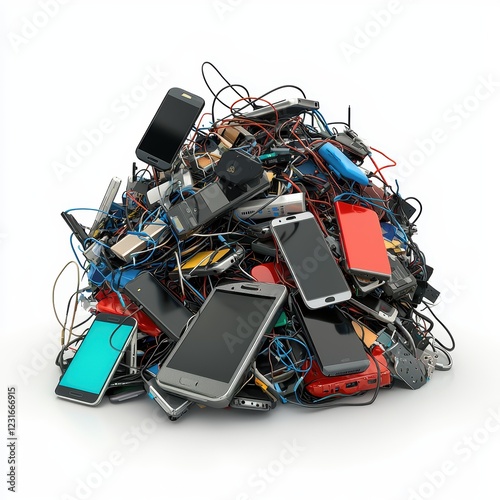 Giant pile of discarded smartphones, laptops, and cables, symbolizing the e-waste crisis, isolated on a clean white background photo