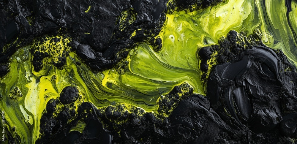 Obraz premium Abstract Black and Lime Green Fluid Art: Swirling vortex of black and lime green paint creates a mesmerizing abstract art piece. Texture and color blend beautifully.