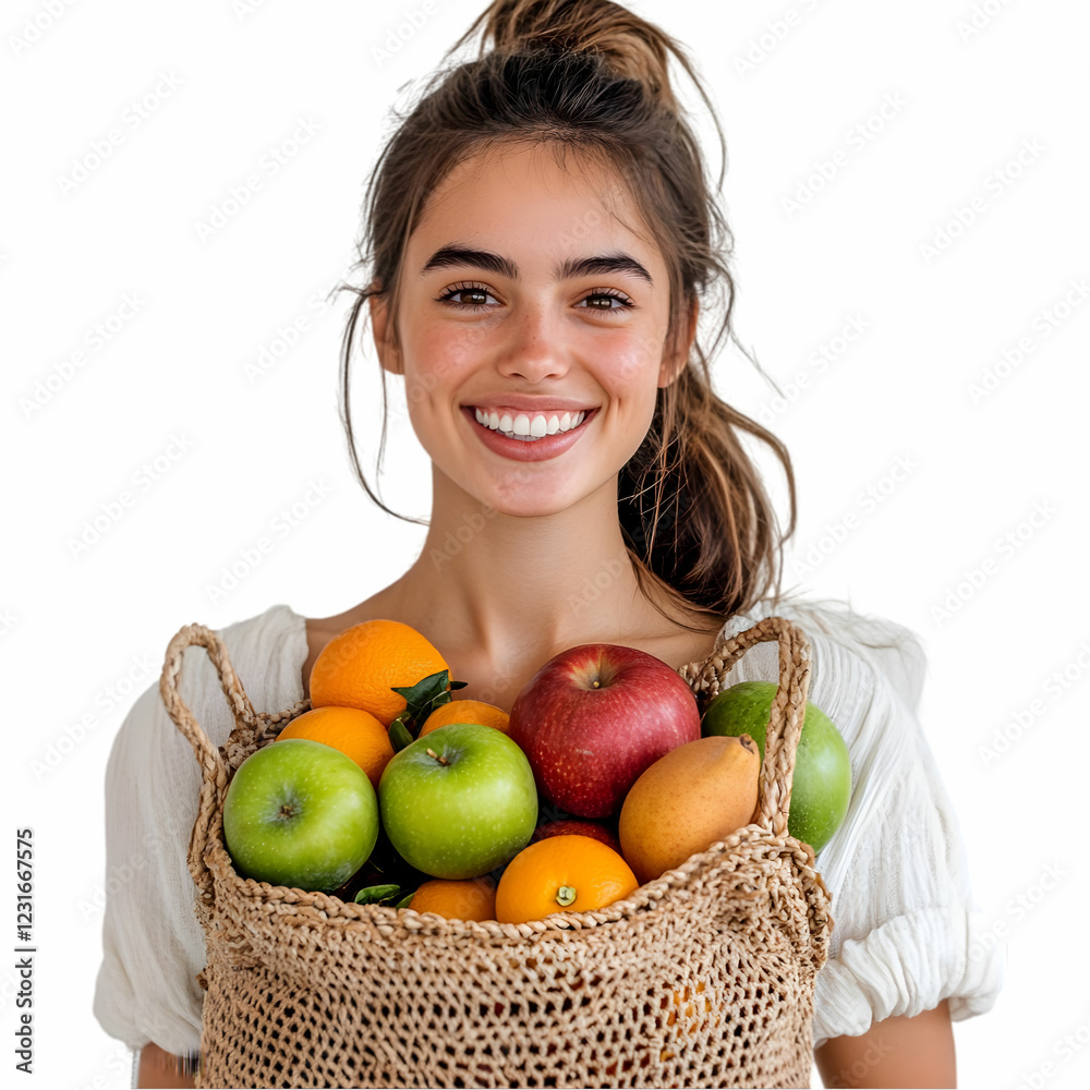 A young woman with a cheerful smile, holding a woven bag filled with fresh fruits like apples and oranges, set against a white backdrop A young woman with a cheerful smile, holding a woven bag filled with fresh fruits like apples and oranges, set against a white backdrop