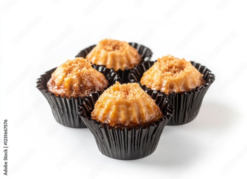 Indonesian sweet kengkeng, in a plastic container with black paper cupcake shells on a white background, high-resolution photography, high-quality details Indonesian sweet kengkeng, in a plastic container with black paper cupcake shells on a white background, high-resolution photography, high-quality details