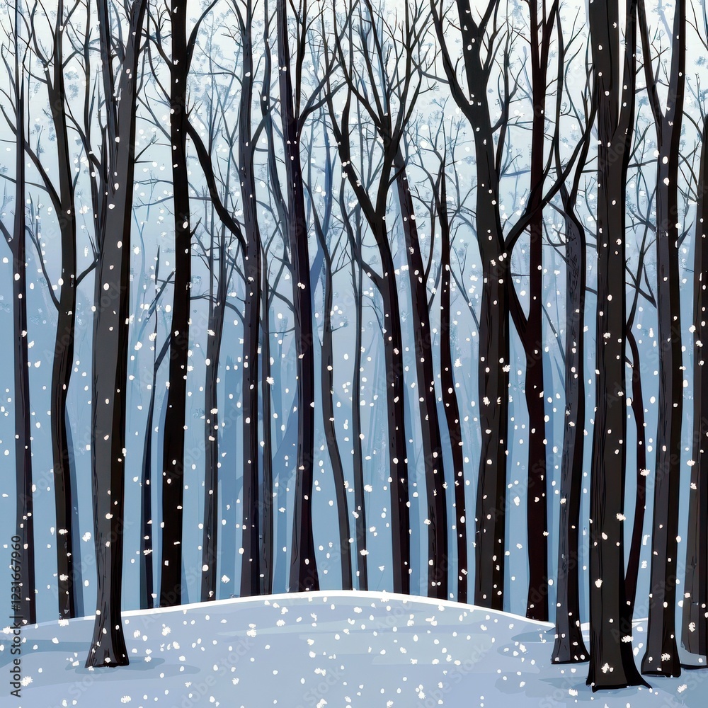 Obraz premium Serene Winter Forest Scene with Bare Trees and Gently Falling Snowflakes Capturing the Beauty of a Snow-Covered Landscape in Soft Light
