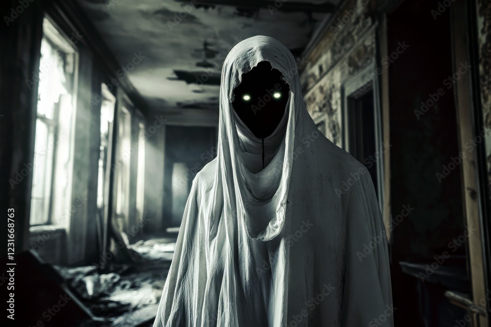 Eerie apparition in abandoned building cloaked in white, featuring glowing eyes, haunting atmosphere, and minimal light creating a spine-chilling ambiance. Eerie apparition in abandoned building cloaked in white, featuring glowing eyes, haunting atmosphere, and minimal light creating a spine-chilling ambiance.