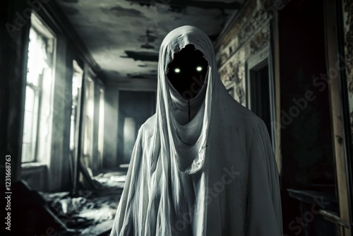 Eerie apparition in abandoned building cloaked in white, featuring glowing eyes, haunting atmosphere, and minimal light creating a spine-chilling ambiance.