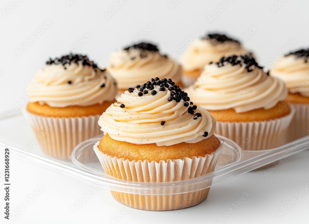Indonesian sweet pastry kuekueson with black pepper cupcake on white background, close-up food photography, front view, plastic container of many cakes. Indonesian sweet pastry kuekueson with black pepper cupcake on white background, close-up food photography, front view, plastic container of many cakes.