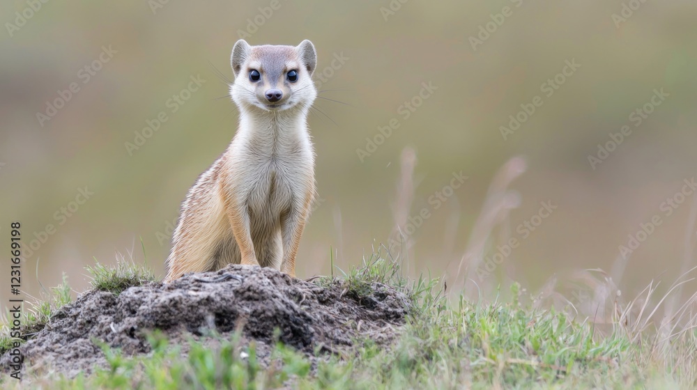 Fototapeta premium White Spotted Mongoose Sitting on Dirt Mound