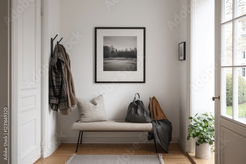 Cozy entryway bench, coats, bags, plants, framed landscape photo, natural light