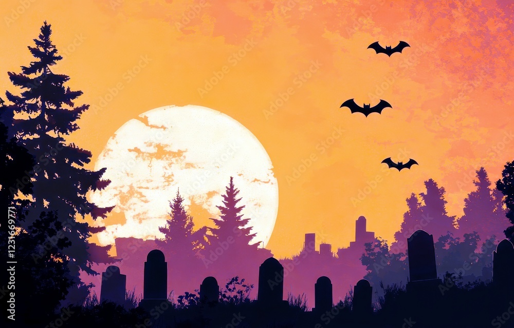 Obraz premium Spooky Graveyard Scene with Silhouetted Bats and a Full Moon in the Background During a Vibrant Sunset in Autumn Colors
