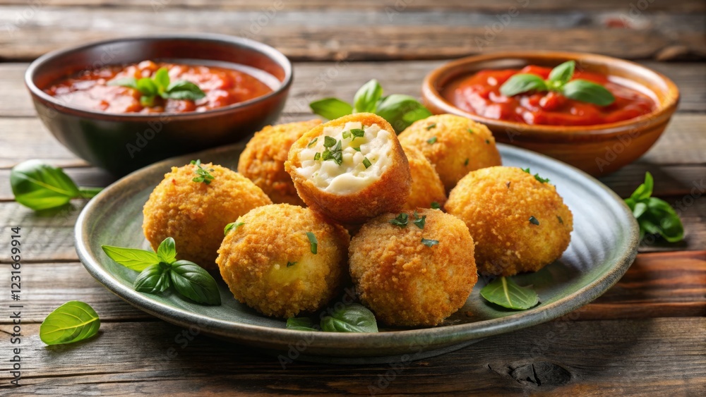 Crispy Golden Fried Balls of Creamy Filling Served with Sauces Crispy Golden Fried Balls of Creamy Filling Served with Sauces