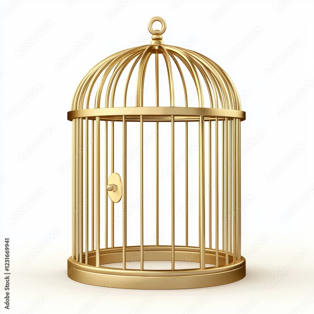 Golden birdcage with an open door, isolated on a clean white background Golden birdcage with an open door, isolated on a clean white background