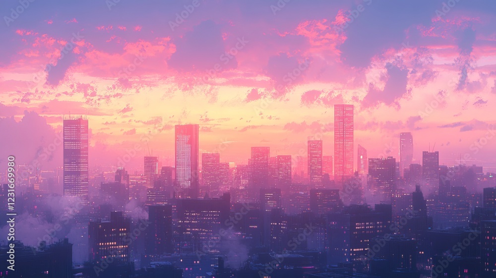 Obraz premium Captivating city skyline at sunset, featuring vibrant pink and purple clouds over modern skyscrapers.