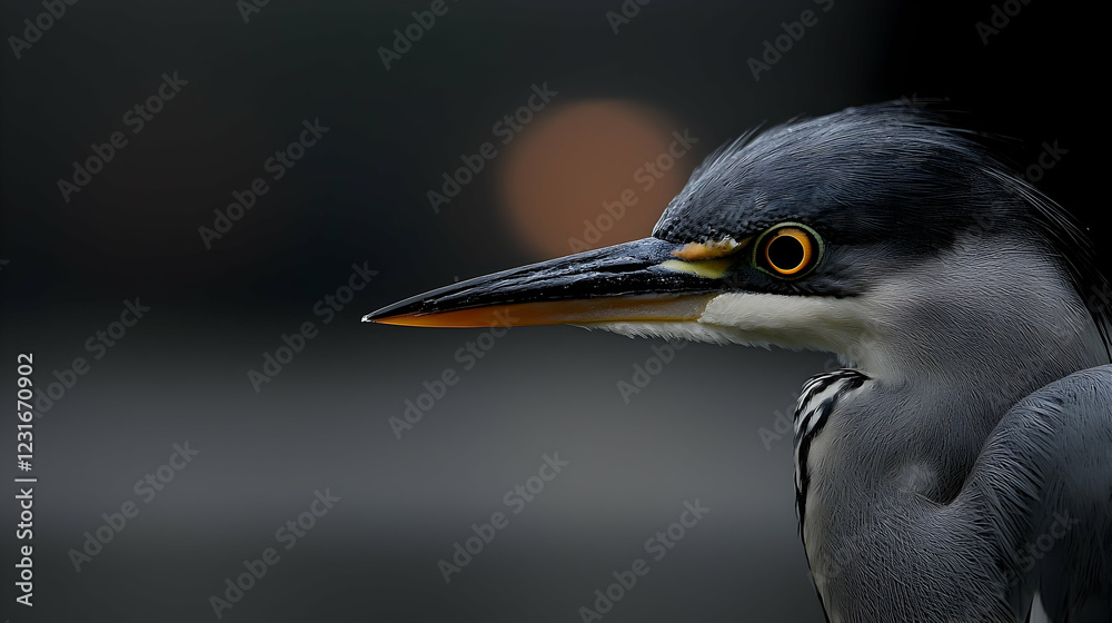 Heron portrait, dark background, city bokeh. Wildlife photography for nature documentaries Heron portrait, dark background, city bokeh. Wildlife photography for nature documentaries