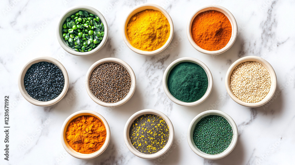 Variety of colorful spices in bowls with nutrient-rich superfoods displayed on wooden surface Variety of colorful spices in bowls with nutrient-rich superfoods displayed on wooden surface